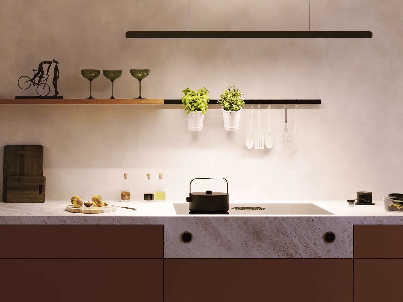 whhjjdfytshr3vi7bb6z BORA STARS Horizon lampa u toploj kuhinji sa visećim biljkama i detaljima u boji peska – harmoničan spoj funkcionalnosti i estetike.